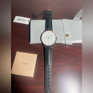 Cluse La Boheme Black Leather Rose Gold Plated Steel White Dial Womens Watch